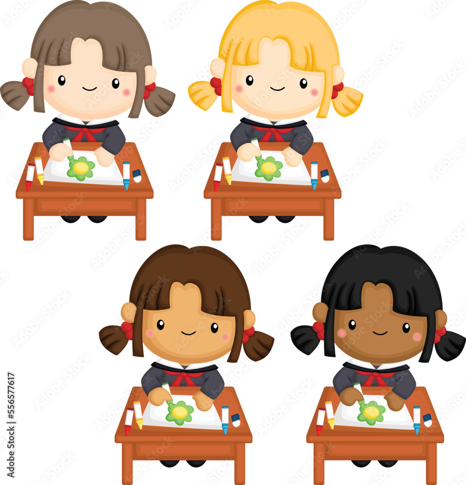 A vector of school girls with multiple skin tones A vector of school girls with multiple skin tones