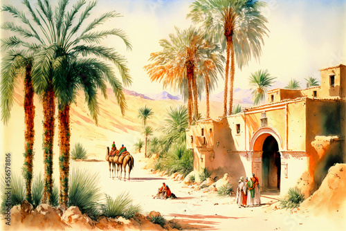 Foto Watercolor painting, a landscape of the Arabian Peninsula in the past, for house