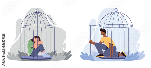 People leaving birdcage set. Collection of graphic elements for website. internal prisoner, mental health and psychology, depression. Cartoon flat vector illustrations isolated on white background