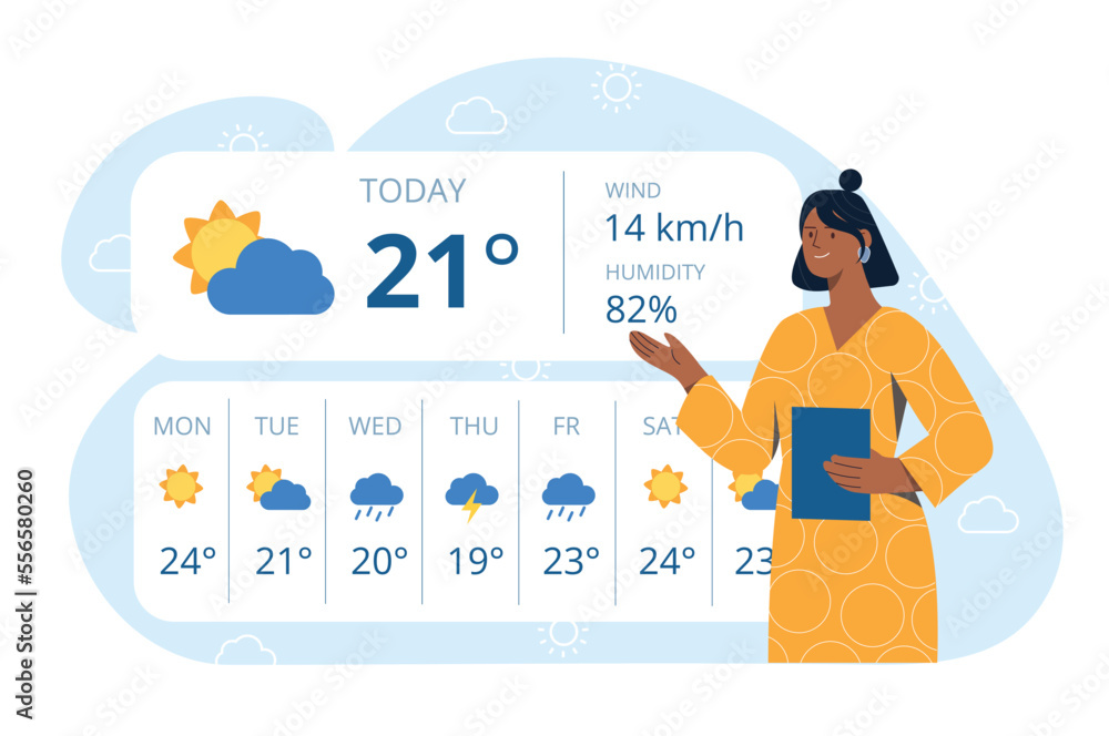 Weather forecast concept. Woman meteorologist, forecasts. Modern