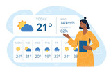 Weather forecast concept. Woman meteorologist, forecasts. Modern technologies and digital world. Poster or banner for website. Application and program, TV show. Cartoon flat vector illustration