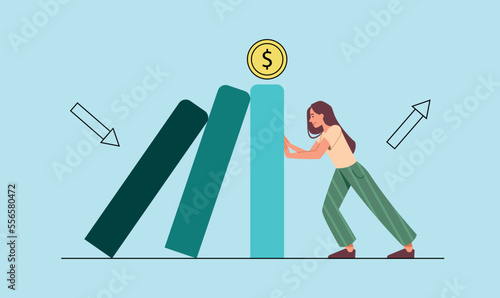 Financial crisis concept. Woman holds up falling poles with gold coin on top. Entrepreneur saves company from bankruptcy and financial problems. Poster or banner. Cartoon flat vector illustration