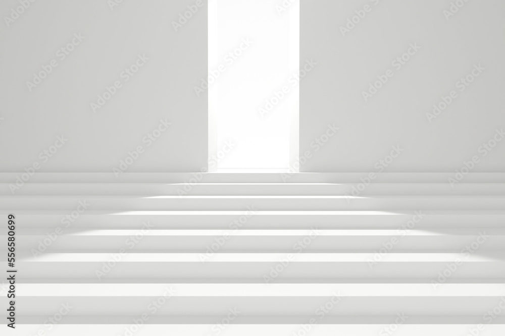 Obraz premium glowing exit door on the top floor of the stairs. concept of a way to success, planning for progress towards a bright future. with copy space and business design. 3D rendering illustration