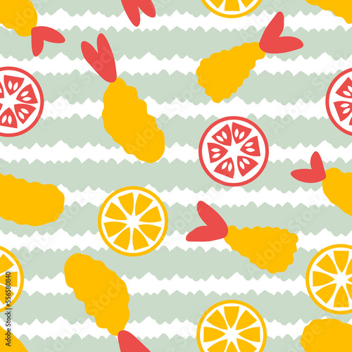 Ebi furai prawn tempura striped seamless pattern. Perfect print for tee, paper, textile and fabric. Retro style vector background for decor and design.
