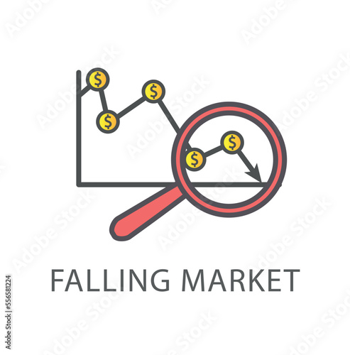 Falling market line icon. Magnifying glass is aimed at falling chart with coins. Financial literacy, trading and investing. Bankruptcy and problems for companies. Cartoon flat vector illustration