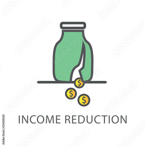Income reduction line icon. Broken green glasswith gold coins, falling prices and incomes, economic crisis. Poster or banner for website. Bankruptcy of companies. Cartoon flat vector illustration