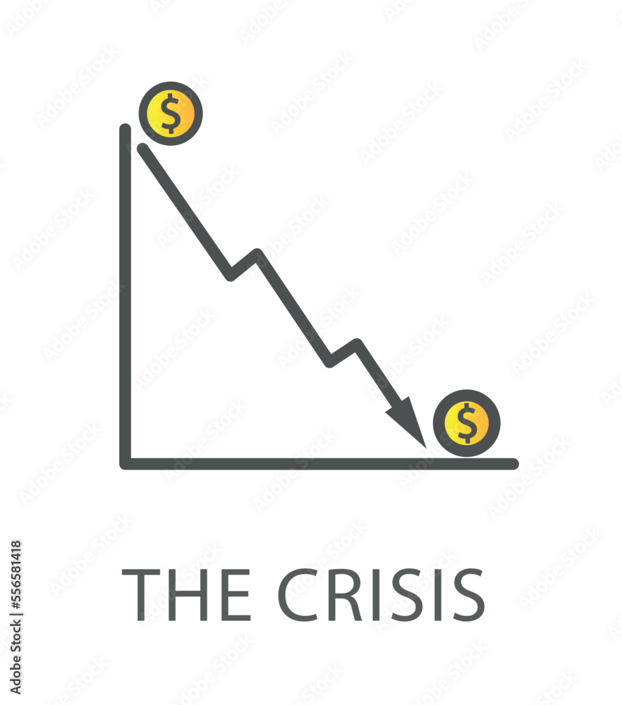 Financial crisis line icon. Arrow falling down, charts and diagrams