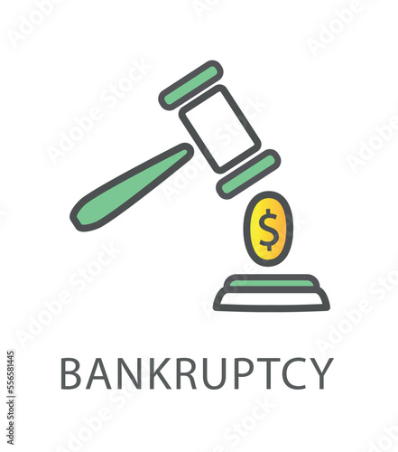 Bankruptcy line icon. Hammer hits gold coin with dollar. Economics and trading, business. Interface for programs and applications. Financial crisis and falling income. Cartoon flat vector illustration