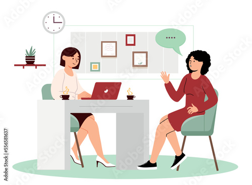 Job interview concept. HR manager requests candidate for vacancy. Expansion of staff and recruitment in corporation. Business conversation and communication concept. Cartoon flat vector illustration