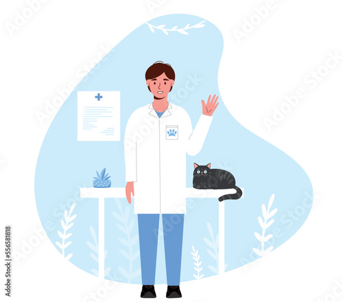 Veterinary hospital concept. Young guy in medical suit with cat. Health care, help and support for animals. Specialist at work. Poster or banner for website. Cartoon flat vector illustration