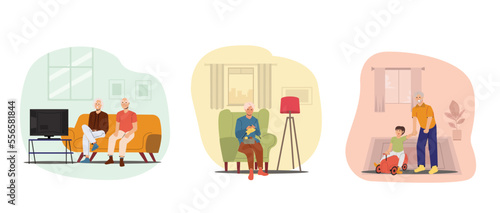 Set of Elderly Characters Leisure or Active Hobby at home. Elderly watching drama on television. Old women knitting clothes, Old men playing with grandson.
