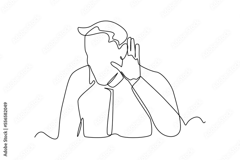 Obraz premium Continuous one line drawing Check your hearing. Positive man holds his hand near his ear. Communication concept. Single line draw design vector graphic illustration.