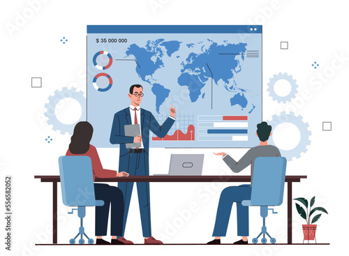 Investor presentations concept. Man and girl look at lecturer near world map. Financial literacy and passive income, infographics and marketing research and analytics. Cartoon flat vector illustration