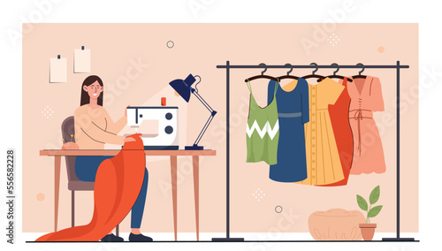 Woman sews concept. Young girl in workplace, hand work, trend and style. Handmade and atelier in workshop and fashion designer. Poster or banner for website. Cartoon flat vector illustration