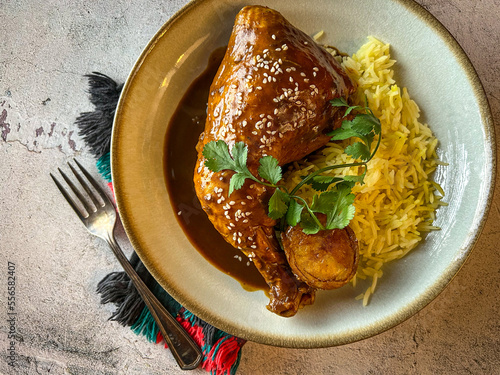 Mole with Chicken and rice is Mexican Food in Puebla Mexico