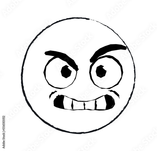 Hand drawn anger emoticon. Graphic element for printing on fabric, minimalistic avatar or icon, logo. Character looks with clenched teeth, discontent and aggression. Cartoon flat vector illustration