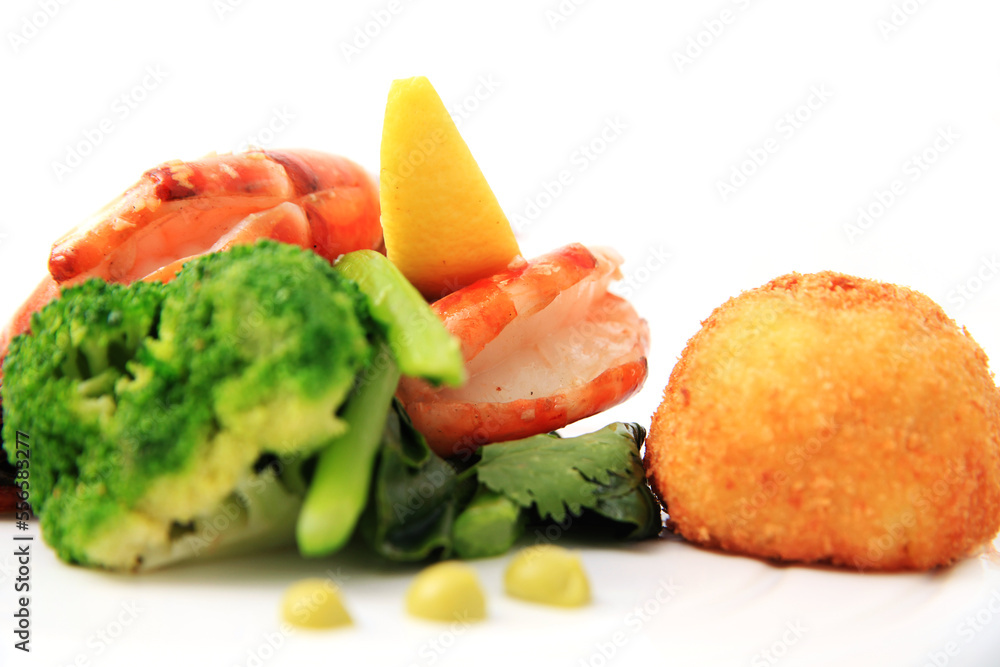 delicious broccoli vegetable and seafood, restaurant food gourmet main course, white background focus on prawn at middle with space above delicious broccoli vegetable and seafood, restaurant food gourmet main course, white background focus on prawn at middle with space above