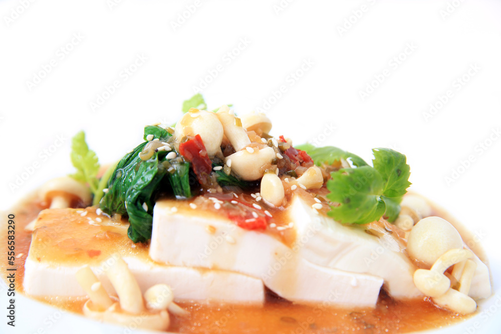 vegetarian asian food tofu with fresh mushroom and vegetable white space background, delicious and fresh food