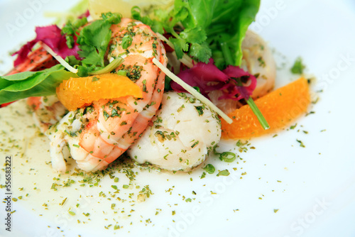 shrimp seafood salad food with vegetables, orange and herbs on white plate background