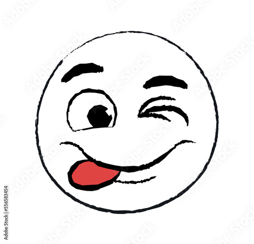 Hand drawn happy emoticon. Character smiles with his tongue out and winks. Happiness and optimism, good mood. Emotions and feelings, facial expressions concept. Cartoon flat vector illustration