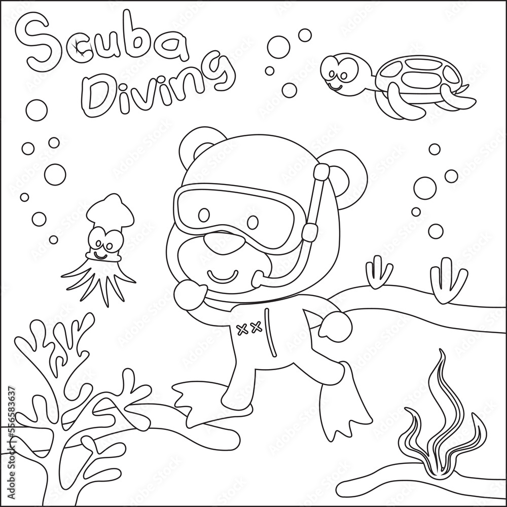 Fototapeta premium Cute bear in snorkel mask diving in the sea isolated on white background illustration vector. Childish design for kids activity colouring book or page.