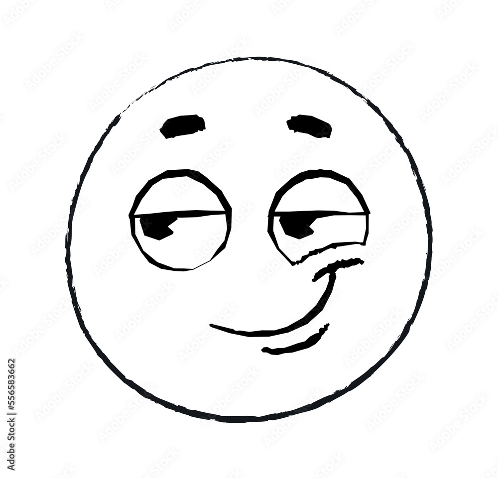 Hand drawn cunning emoticon. Character smiles, raising one corner of lips. Deception and fraud. Sticker for social networks and reaction for instant messengers. Cartoon flat vector illustration Hand drawn cunning emoticon. Character smiles, raising one corner of lips. Deception and fraud. Sticker for social networks and reaction for instant messengers. Cartoon flat vector illustration