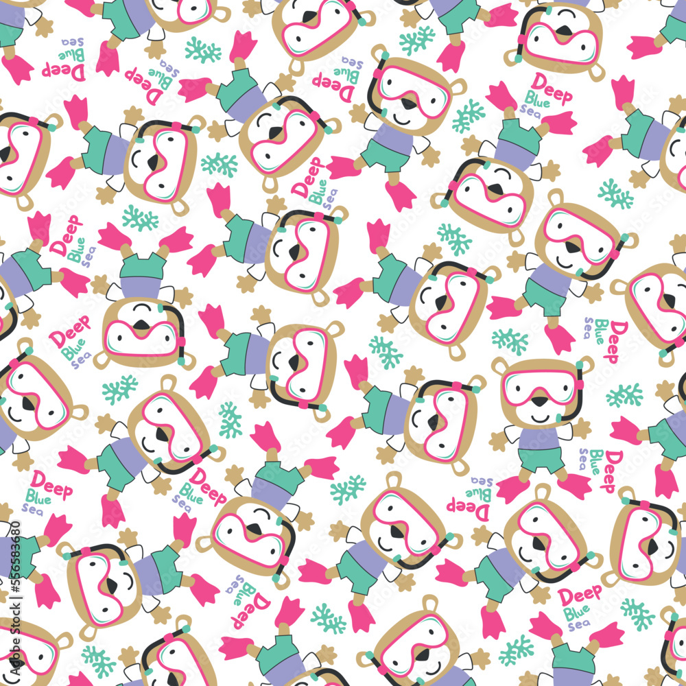 Seamless pattern texture with little bear swim in underwater. For fabric textile, nursery, baby clothes, background, textile, wrapping paper and other decoration. Seamless pattern texture with little bear swim in underwater. For fabric textile, nursery, baby clothes, background, textile, wrapping paper and other decoration.
