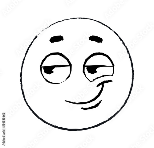 Hand drawn cunning emoticon. Character smiles, raising one corner of lips. Deception and fraud. Sticker for social networks and reaction for instant messengers. Cartoon flat vector illustration