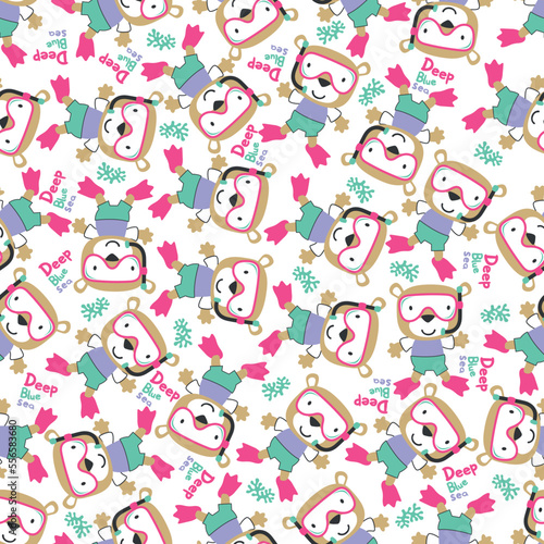 Fototapeta Naklejka Na Ścianę i Meble -  Seamless pattern texture with little bear swim in underwater. For fabric textile, nursery, baby clothes, background, textile, wrapping paper and other decoration.