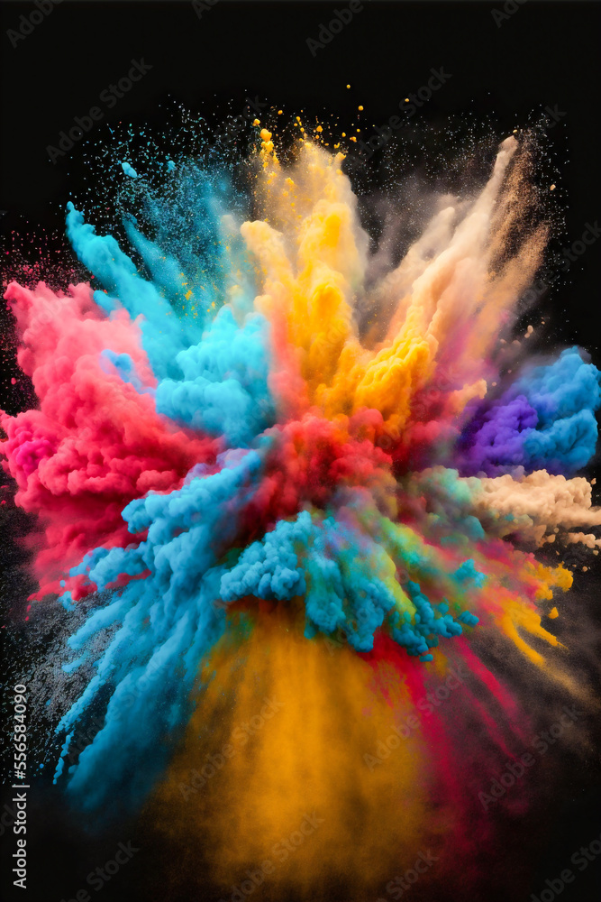Explosion of colored paint powder. Abstract splash of rainbow colors. Colorful vertical background. Generative AI