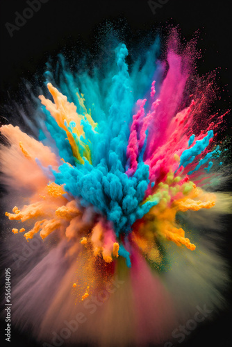 Explosion of colored paint powder. Abstract splash of rainbow colors. Colorful vertical background. Generative AI © pimpimol