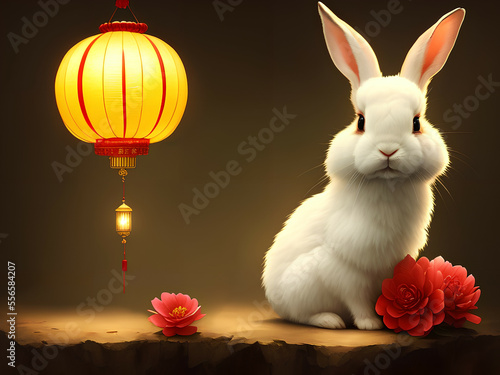 year of the rabbit with lantern and flowers, Generative AI © Crafty Ogre