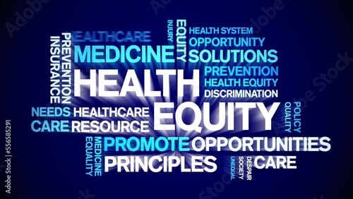 Health Equity animated tag word cloud;text design animation kinetic typography seamless loop.