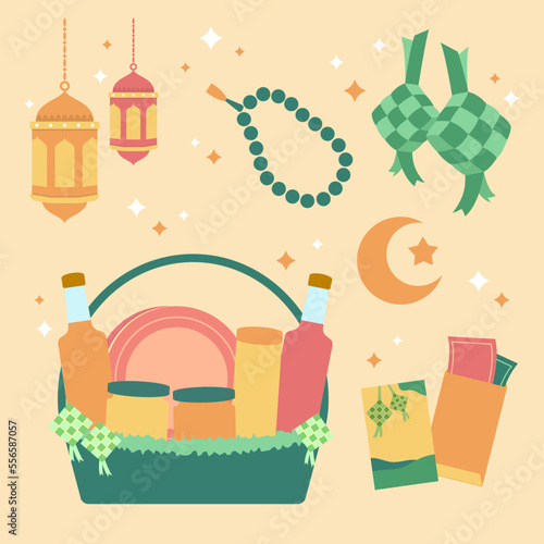 Hand drawn Ramadan Eid Mubarak elements with parcel hampers lantern envelope vector illustration design
