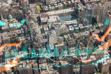 Aerial top view of New York City building roofs. Bird's eye view from helicopter of metropolis cityscape. Forex graph hologram. The concept of internet trading, brokerage and fundamental analysis