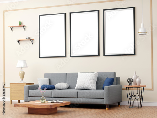 Triple portrait dark picture, photo frames png mockup on wall on top of sofa and stand with vases, lamp and decor, living room, cushions © Richard