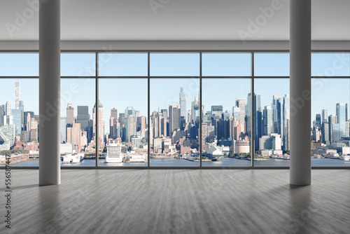 Midtown New York City Manhattan Skyline Buildings from High Rise Window. Beautiful Expensive Real Estate. Empty room Interior Skyscrapers View Cityscape. Day time. west side. 3d rendering.