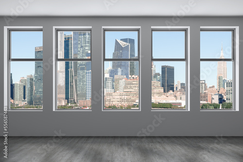 Midtown New York City Manhattan Skyline Buildings from High Rise Window. Beautiful Expensive Real Estate. Empty room Interior Skyscrapers View Cityscape. Day time. Hudson Yards West Side. 3d rendering