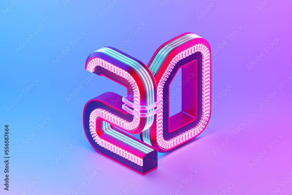 3D illustration, Number 20 twenty  over c neon lights on pink background. Cartoon creative design icon