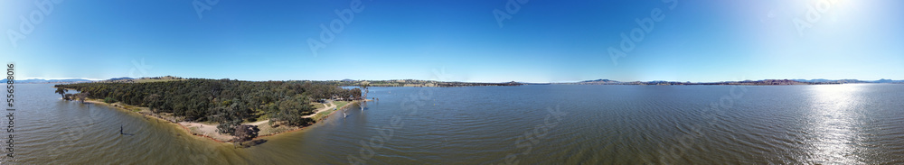 The aerial drone point of view in 360 degree photography at Bowna Waters Reserve is natural parkland on the foreshore of Lake Hume popular boat launching location in Albury, NSW ,Australia.