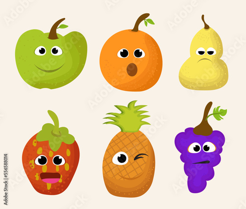 Fototapeta Naklejka Na Ścianę i Meble -  Cute cartoon fruits set in flat style. Kawaii emoji fruit icons. Cute and funny fruit set vector illustration