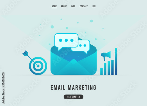 Email marketing campaign concept. Direct e-mail digital marketing strategy channel for small business. Welcome, promotional, subscription, email nurture program. Vector business landing page template