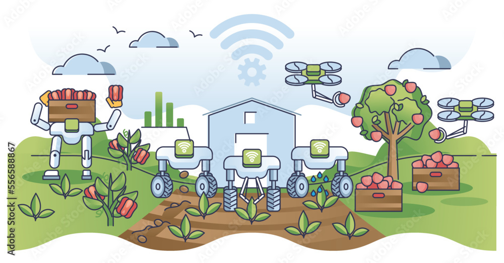 Farm bots harvest collection scene with autonomous technology outline concept. Wireless IoT tech for modern and innovative agriculture vector illustration. Future drones and robots gardening process.