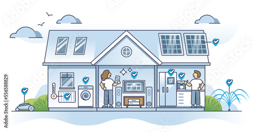 Home automation and smart wireless IoT house appliances outline concept. Temperature heating, security and power control using tablet or smartphone app vector illustration. Digital control system.
