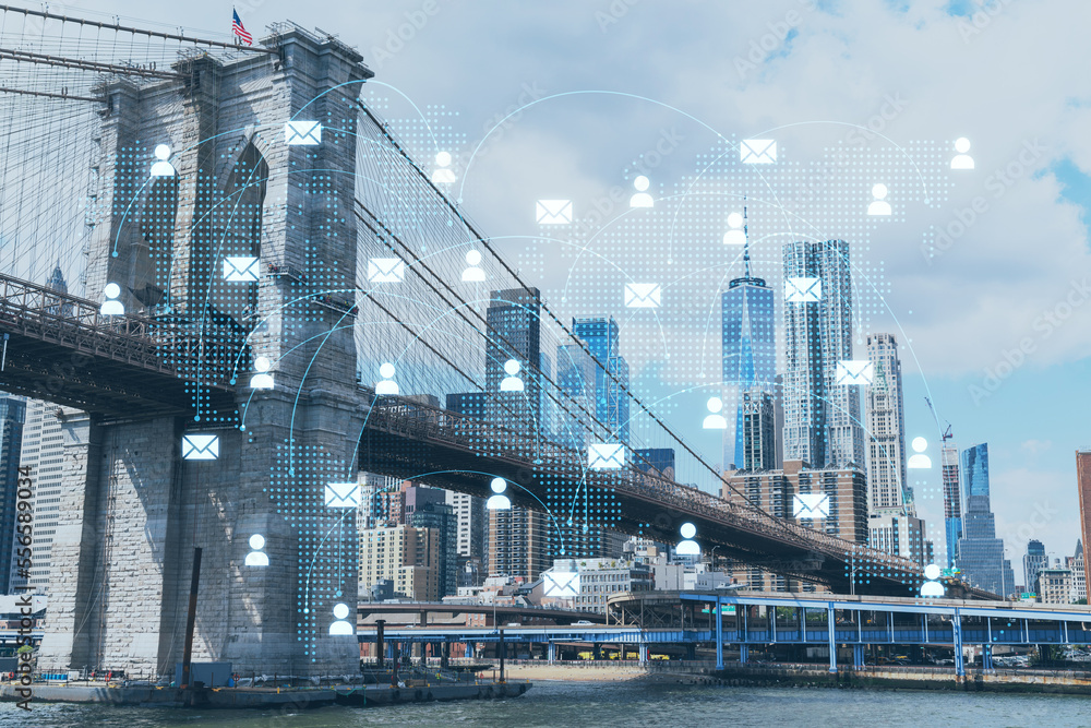 Brooklyn bridge with New York City Manhattan, financial downtown skyline panorama at day time over East River. Social media hologram. Concept of networking and establishing new people connections