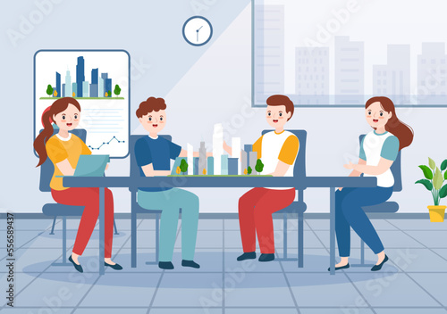 City Council Meeting with Business Team, Employee for Important Negotiation or Define Buildings in Flat Cartoon Hand Drawn Templates Illustration