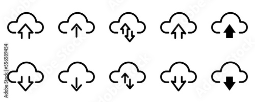 Conjunto de iconos de nube de almacenamiento. Cargar y descargar de la nube. Base de datos y almacenamiento en la red. Ilustración vectorial