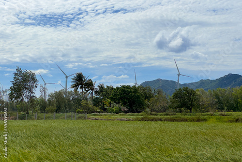 Windmills for electric power production in Vietnam. Wind turbines farm, windmill farm producing green energy on natural background. Renewable Energy concept, technology landscape 