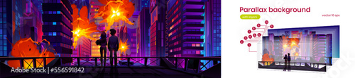 Silhouettes of couple on roof watching explosions in city, parallax background. Night cityscape, people looking at buildings damaged by war, enemy, attack, blasts, fire. Vector cartoon illustration