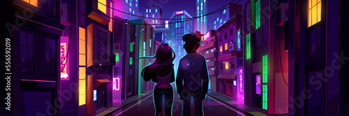 Silhouettes of couple standing in night city street illuminated with neon lights. Vector cartoon illustration of man and woman looking at modern buildings and skyscrapers with colorful windows, signs